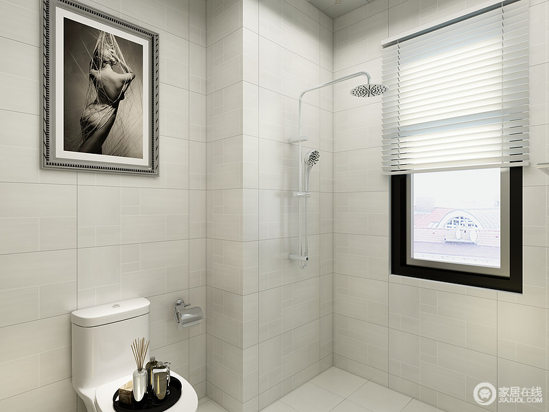 开放式的淋浴房设计刚好的利用了狭小的空间，白色的地砖与墙砖充分弥补了由于窗户小导致空间亮度不足的问题。
