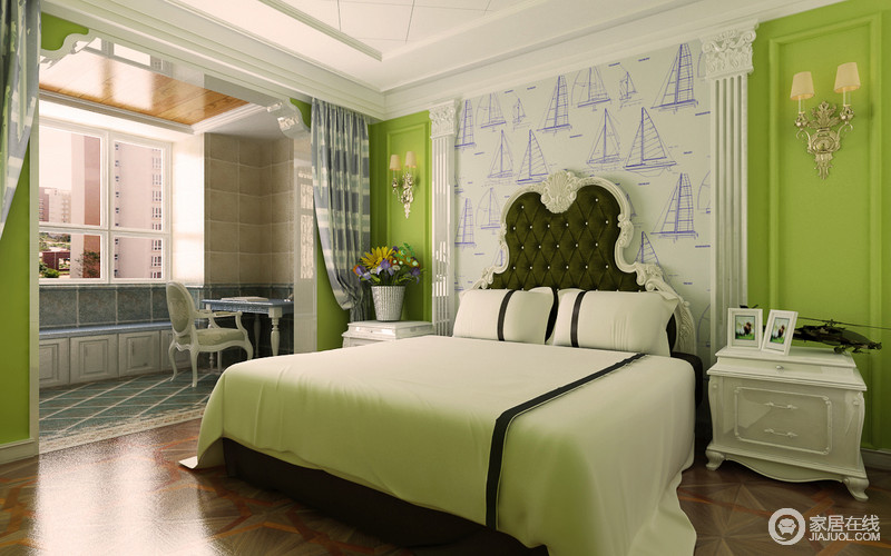墙面被粉刷成绿色，饱含生趣的绿意降低了欧式的韵味，更显自然与活力；高椅背双人床带给你无尽的舒适睡眠体验。