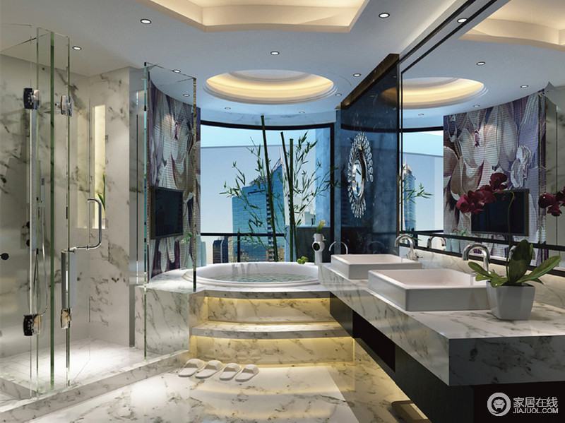 浴缸采用圆形设计，独创出浪漫主义；宽敞明亮的配色打造出奢而不华卫浴间。