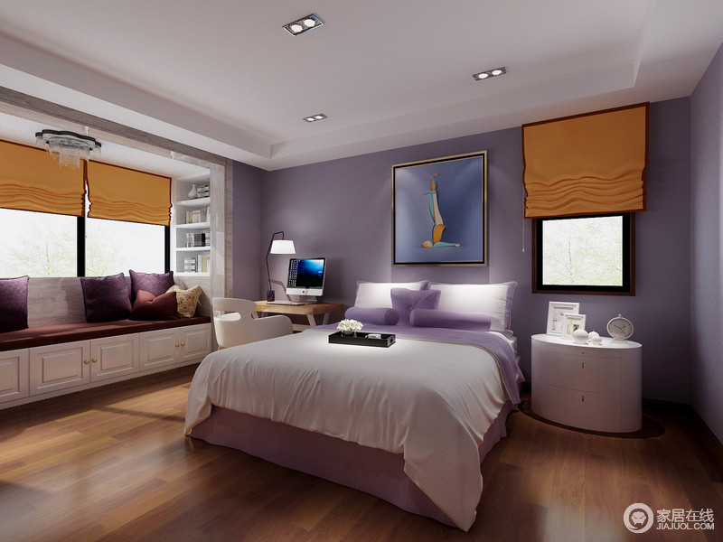 女孩子的房间则摒弃了中式风格的营造，而是以高贵优雅的紫色铺陈出令人印象深刻的现代风格；为了避免紫色在视觉上的太过刺激，搭配了中性的白色床品和家具，令空间更加轻甜梦幻的营造休憩氛围。
