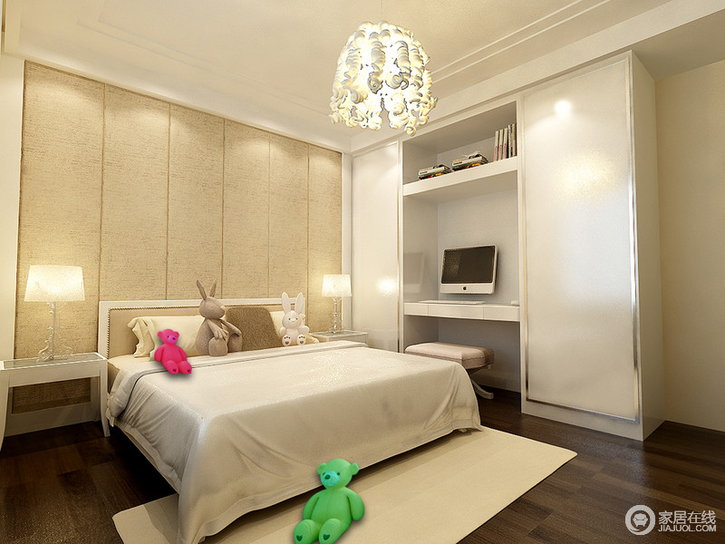 卧室主要从功能性和舒适性出发，米色调的床头背景并没有太过造作的形式，而是以素色营造清暖；对称摆设的床头柜简约大气，与台灯对影成形，温馨、简单就是最大的特色。