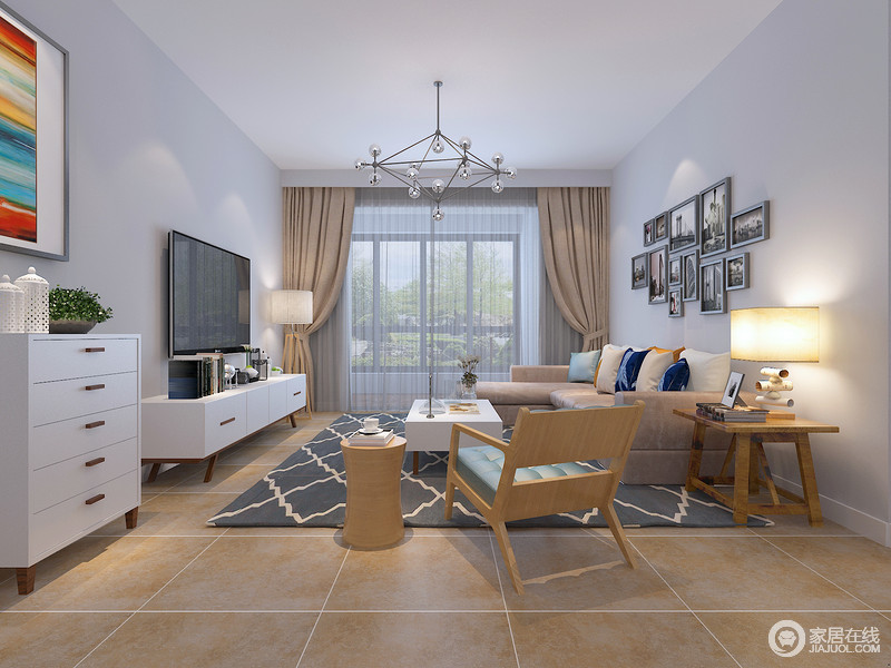 简约的客厅空间里，浅蓝色营造出清新素雅，原木色与白色家具装饰出文艺温暖感。灰色曲线几何纹路的地毯铺陈在浅粉色布艺沙发下，与墙上挂画演绎空间视觉焦点。