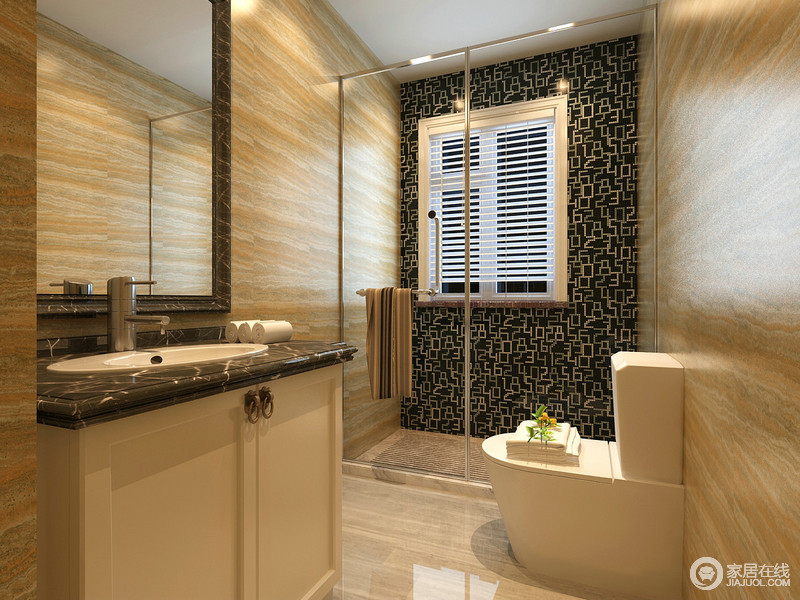 浅黄色大理石上条纹肌理极富视觉效果的汇聚，强烈凸显出窗户墙面上的黑色图案，增加了卫浴空间的腔调感。简洁的空间里，通透的玻璃有效分离了干湿区域，保持整洁干簌。