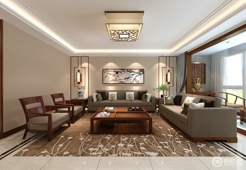 客厅以浅米色的墙面烘托出温馨的家居氛围，石材与木线条搭配出气派，植物概念的地毯与新中式家具呈现着婉沉而厚韵木香。