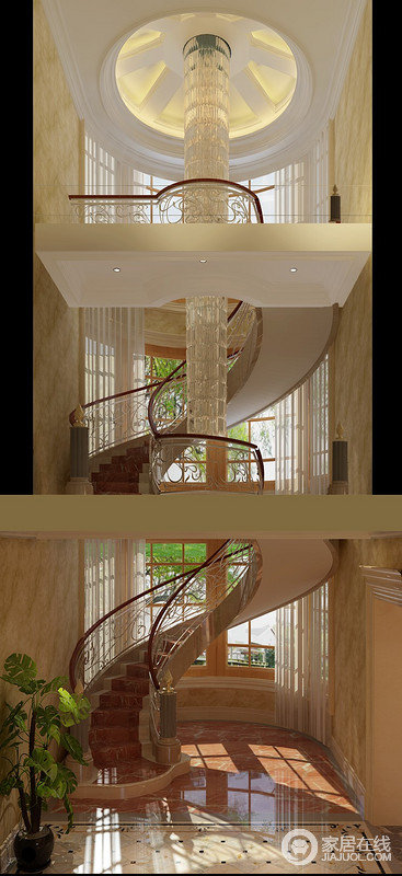 楼梯其流线造型美观、优美、典雅，又节省空间
