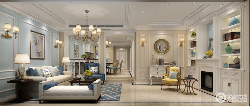 米白、深蓝、米咖……这些温柔的颜色静静融合，结合线条优雅，造型精致的家具，整个空间呈现出一幅恬淡、浪漫的的画卷。
