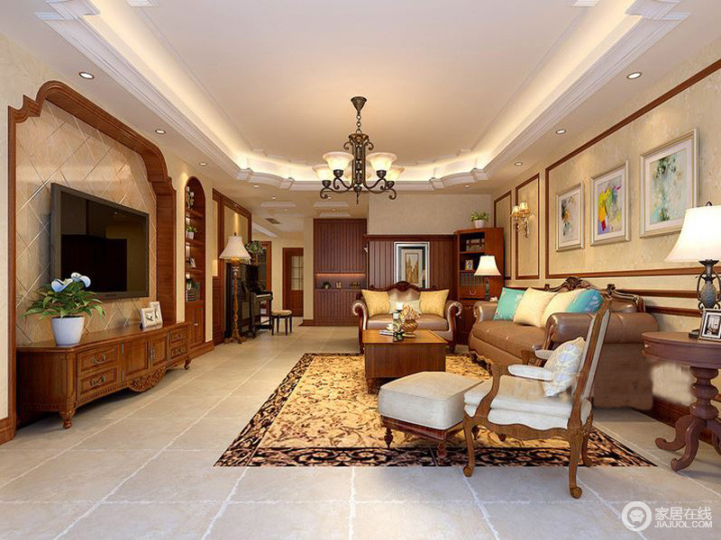 客厅角度木色与暖色灯管结合，多了美式乡村的自在，美式家具组合，给予空间一种古典美学。