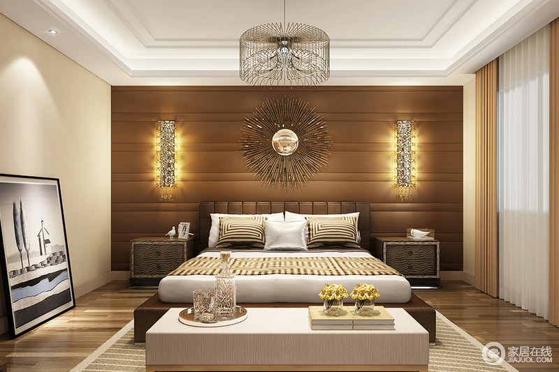 未来主义风格的装饰在卧室里大行其道，使空间充满了简洁的灵动设计感。条纹织物以清晰线条展现出无限活力，随性放置的装饰画则透露出空间里的摩登态度。