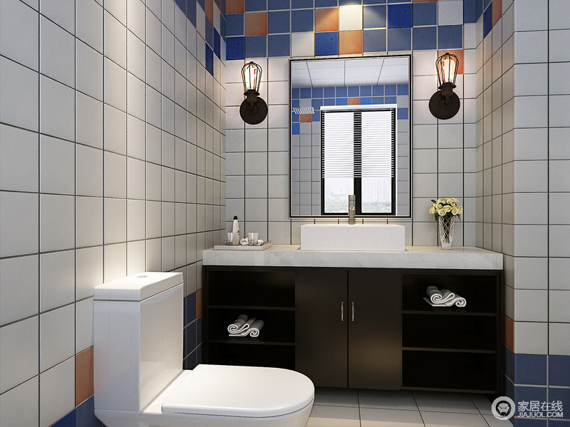 大面积的小白砖配蓝橙色马赛克砖，铺陈出卫生间清爽又活泼的空间氛围。黑褐色实木盥洗橱柜与台面形成色彩对比，对称壁灯工业味浓郁，浴室镜与窗户形成光影折射，空间更加通透澄澈。