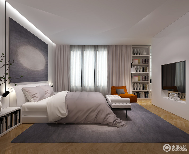 卧室空间通过隔断墙划分出休息和办公区，电视下方镂空，内外形成沟通。床头墙画与地毯一致，淡紫的色调与床品相近，搭配纯净的白色，带着内敛沉静的气质。