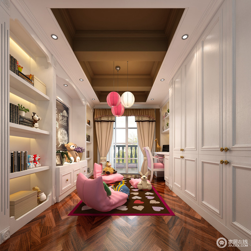 白色家具为褐色菱形地板增加洁净，粉色软塌和可爱的玩具为孩子打造了最安全的小天地。