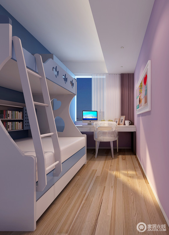 空间面积有限，设计师将墙面粉刷为粉色来增加空间的梦幻与甜美；蓝白双层床减少了棱角的设计，更加实用和安全；悬挂式书桌纯净而简单与彩绘的简画让孩子自得其乐，享受自己独处的时光。