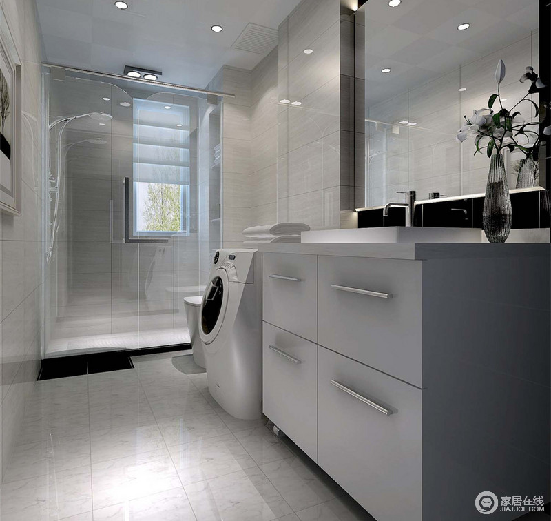 狭长型的卫浴空间，所有的功能区域靠一侧设计，留出空间动线。通透的玻璃及点光源的布置，在灰白色调演绎下，空间显得通透开阔，干净规整。
