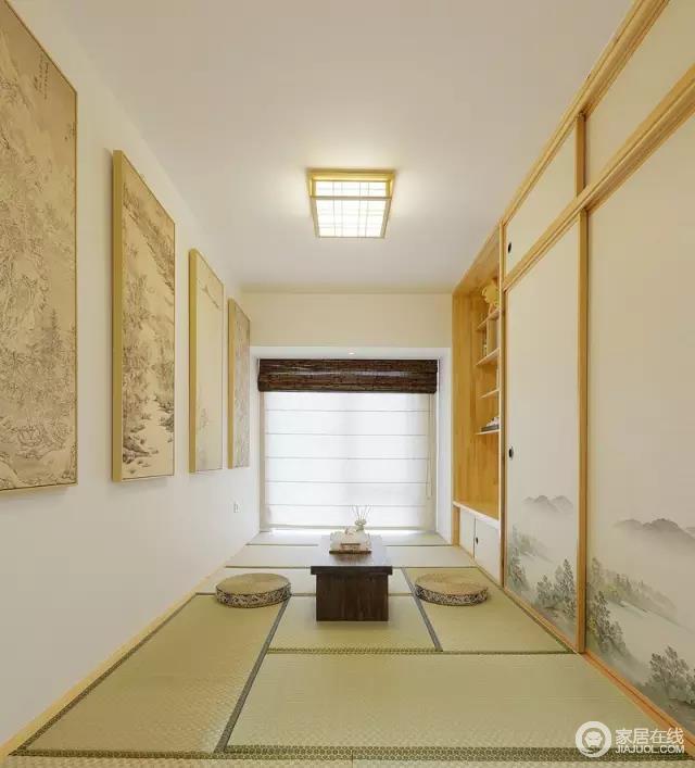 日式风格的茶室充满禅意，显示主人高雅的品味。榻榻米的设计显得很温馨，休闲时间约上三五好友在里面喝茶聊天，能坐上一下午，累了还可以就地躺下休息。