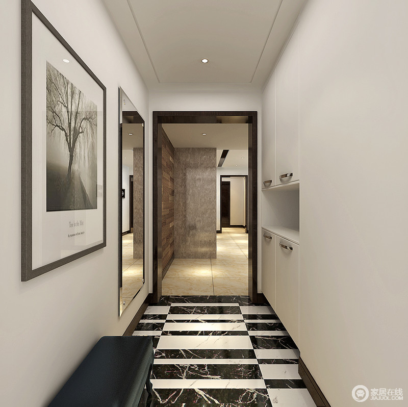 毫无色彩的空间是没有生命力的，但是设计师以黑白经典将小小的走廊打造得颇为动感；白色收纳柜简单而实用，与墙面形成统一，黑白丛林摄影作品带着自然的生机，令黑白相间的地面翻转着摩登。