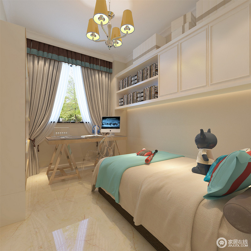 卧室利用白色悬挂柜来突显空间的结构层次和实用性，简单的布置不显得凌乱；书桌设计得也较为简单与空间的整体格局相吻合，松软的单人床十分舒适。