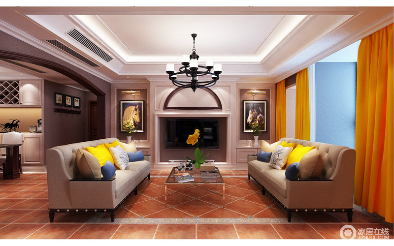 以对称手法设计的客厅空间内，拱形门洞式电视墙两侧装饰的画作及柔软舒适的沙发，彰显出对称的规整感；高明度的色彩布艺点缀和不同方式铺贴的土红色地板，营造出空间丰富的层次。