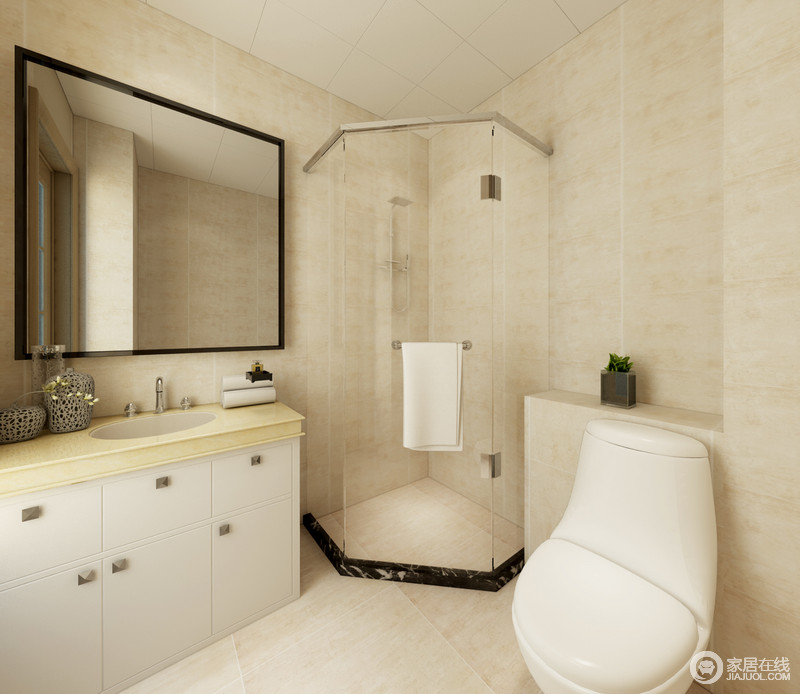 浅米黄色的卫生间色调，使小而玲珑的空间更具温馨感。利用拐角打造了淋浴区，合理利用空间的同时不占多余空间。盥洗台橱柜面色调与马桶保持一致，形成清爽呼应。
