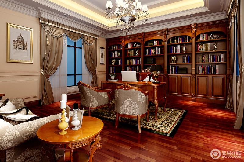 美观大气的灯饰，装饰着红木书柜和地板，搭配出传统而复古的基调，欧式单人沙发在黄色繁华拼凑的地毯上更具典雅之气。