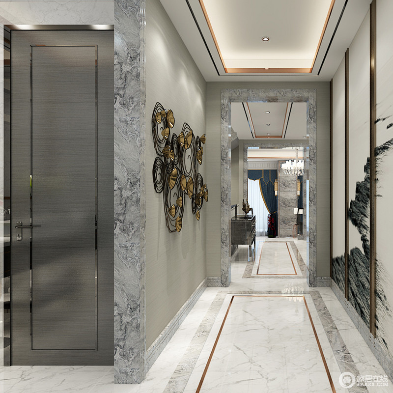 走廊与整体风格又异曲同工之妙，依然选用灰白色地砖营造清新格调，欧式经典雕饰与与中式传统水墨画巧妙结合，复合着艺术之美。