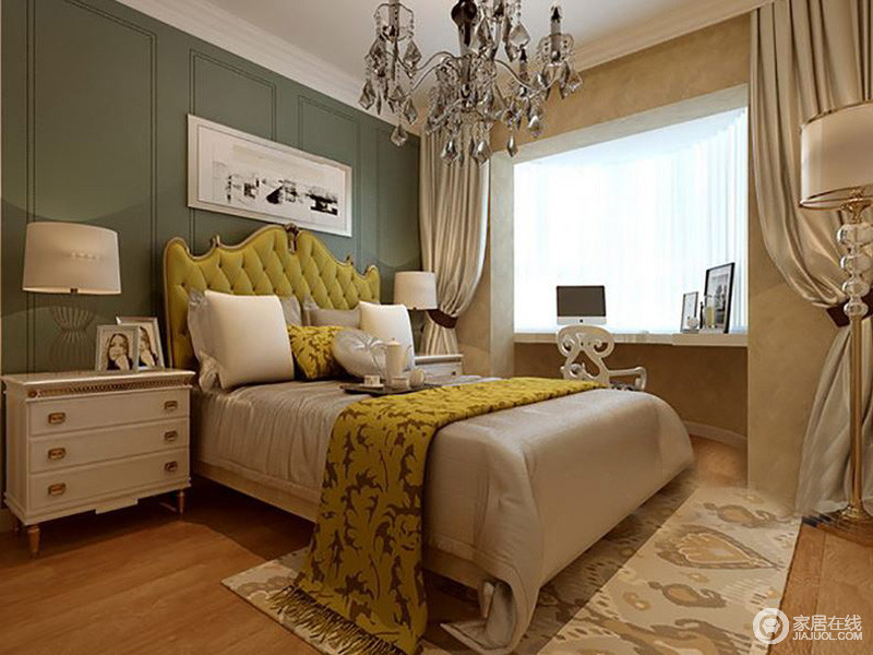 绿色、黄色是此设计的主色调，少量的白色揉合，使色彩看起来明亮，卧室色彩不失活泼。