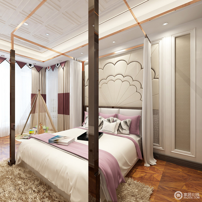 独特的支架床支起纱幔的朦胧，淡粉色床品将浪漫与柔美铺散在卧室。