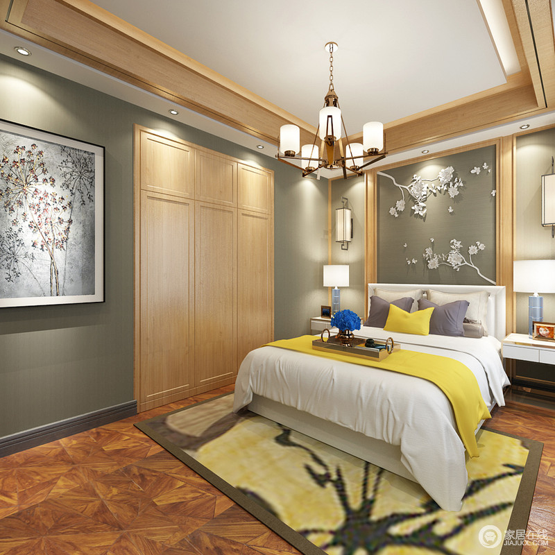 卧室中选用木地板来增加空间的暖意；黄色床毯与黄色地毯让空间明亮而大气。