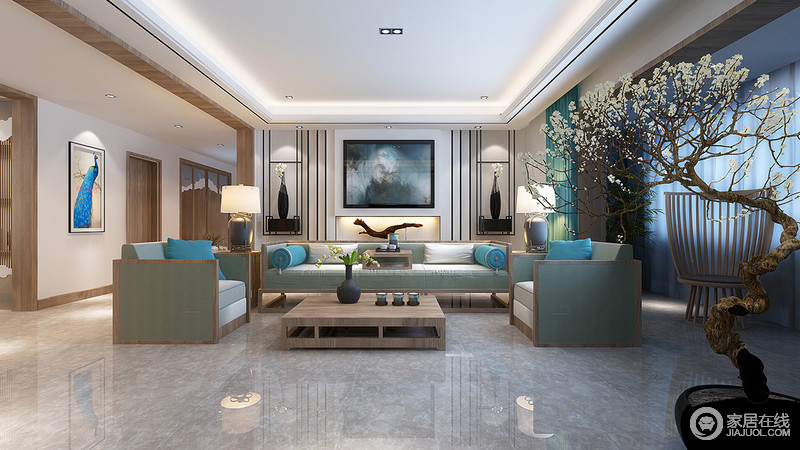 对称的手法将平衡和谐运用在客厅里，形成视觉上的规整构图和制造空间有序格律感。色彩上蓝色系的深浅渲染，与木色的温和，彰显出儒雅诗意的绵柔馥郁的清新朴拙。