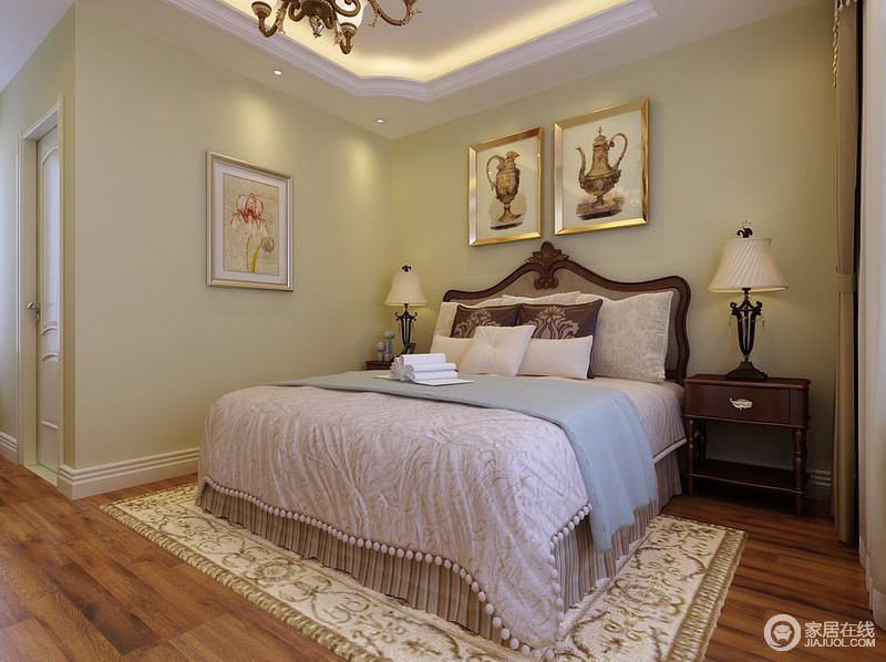 延续主卧室的风格，加入了异域元素，丰满了空间情调。清浅的墙面与床品的色彩搭配，在宁静清新中注入了空灵婉约，舒适与惬意的休憩环境，被营造出来。