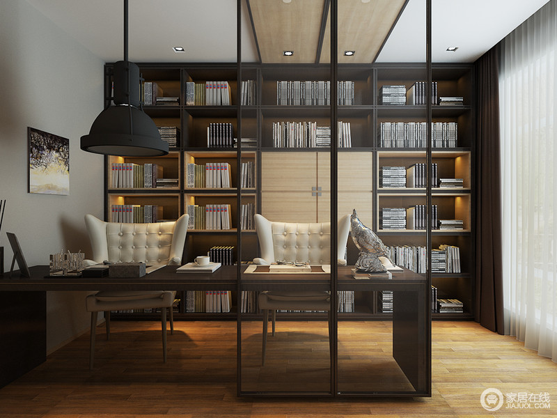 轻中式不仅可感受到家具的功能性与美观性的简化，更兼蓄了其他文化的底气。不拘一格地顺从自然去设计让书房更能盛放优雅。