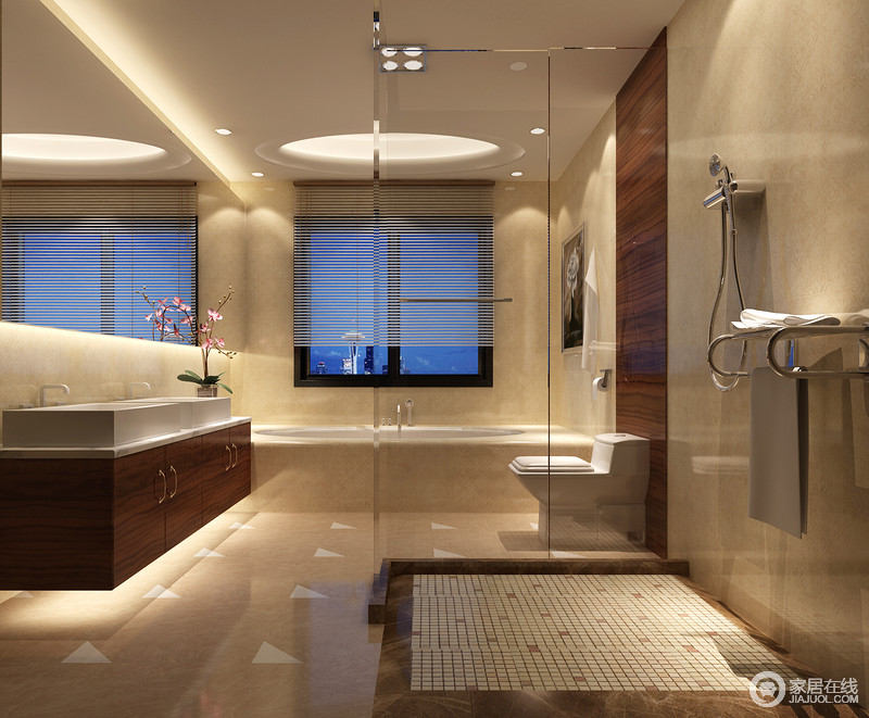 卫浴间通过精简用料和设计来体现功能性是设计师的主旨，硬朗的石材令整个立面十分平整，并通过灯光设计来营造洁净、利落，空间实用则是最美的设计。
