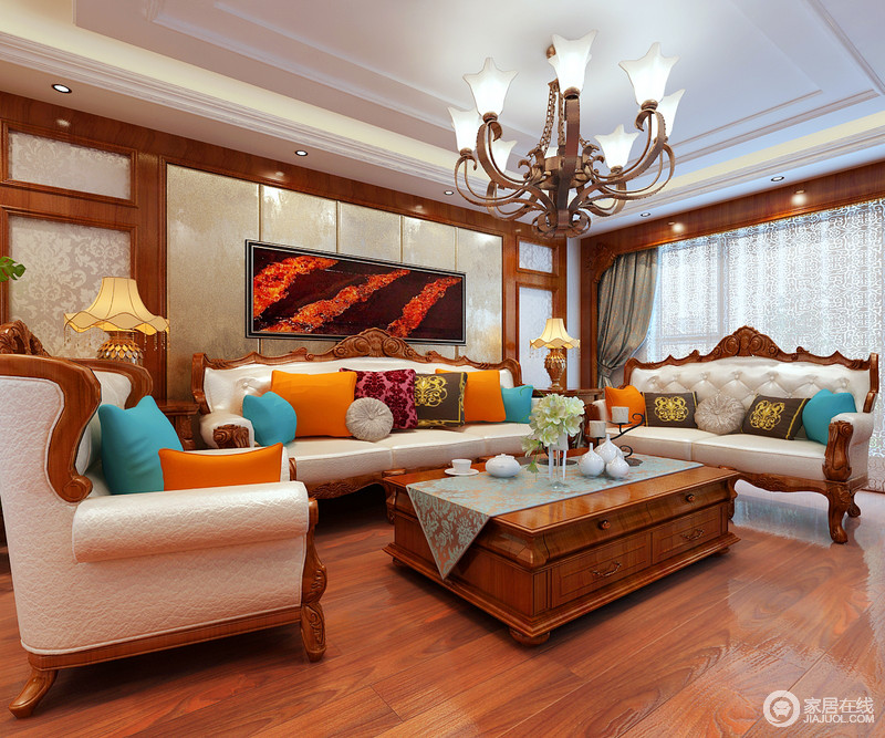 空间以褐红色实木与米白色精良皮质勾勒出空间的简雅华贵，沙发组上橙黄、湖蓝与咖色的靠包色调，活跃着空间明媚，使得古典美丽彰显着现代中式的和谐美感。