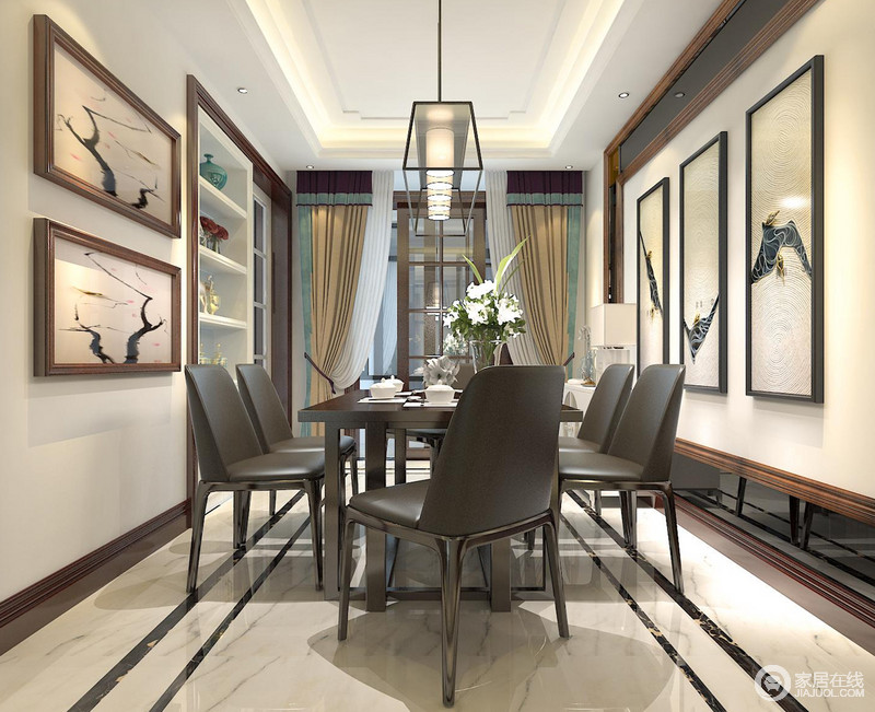 餐厅中中式画与现代画对立而置，唱出艺术的和谐曲。黑色餐桌餐椅庄重中露出憨态的一面。