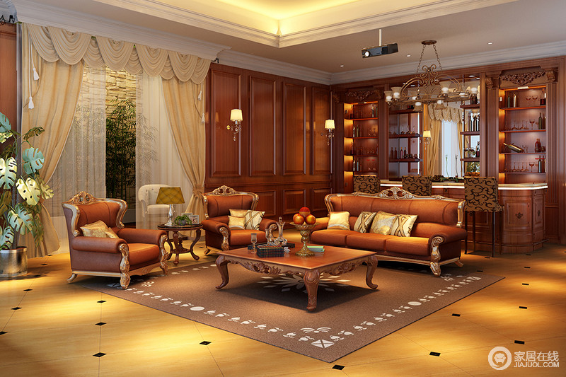 客厅中的黄铜皮质沙发显露着欧式工艺雕刻的精髓，只要将它们摆放在空间中注定将豪华大气携入了室内；深咖色地毯虽然调染了空间的层次感，但是一气呵成，令空间中缀满了稳重。