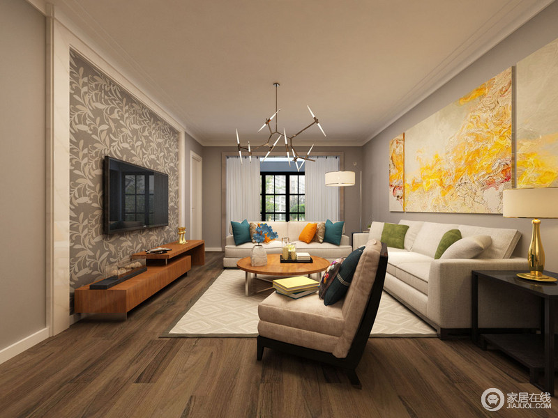 客厅以高级灰为肌底 通过树叶壁纸和黄色抽象艺术画来表现空间的超现代
