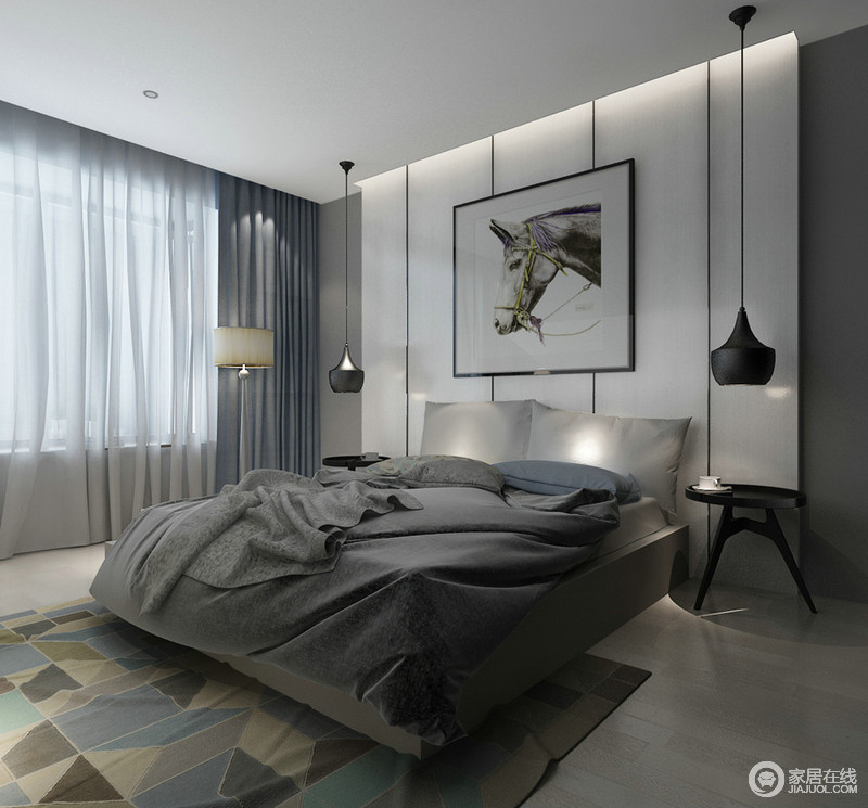 简洁的卧室里以中性的灰色为主，呈现出冷静绅士的雅致。墙板与灯具的简约线条，遵循几何美感，搭配野马图案的画作，空间诠释了属于男性格调的空间品味。