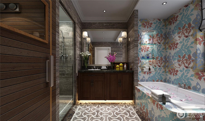 卫生间最靓丽的要数浴缸周围的花砖，营造浪漫的泡澡环境。灰色大理石墙砖隔离出淋浴空间，而条木建造了蒸房，丰富的隔间区域，使设计更贴合生活使用。