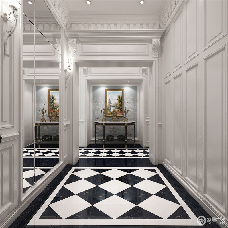 星罗棋布般黑白棋盘格，无论是玄关亦或是走廊使用，都能提升空间整体格调，大面积装饰镜，丰富狭长空间层次性；视线尽头浅蓝色在利落条几装饰下，优雅温和。