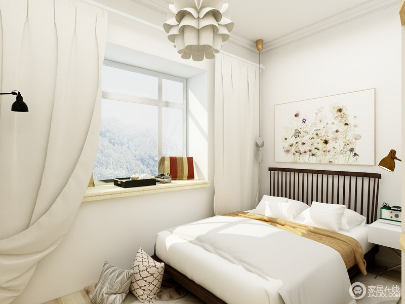 卧室设计得十分简单，白色调的空间没有太多的设计，而是在软装上着眼，利用白色窗帘搭配床品的方式，让生活十分简单、舒适；花卉的背景墙和个性的吊灯带着一丝田园的清逸，让家多了份清和。