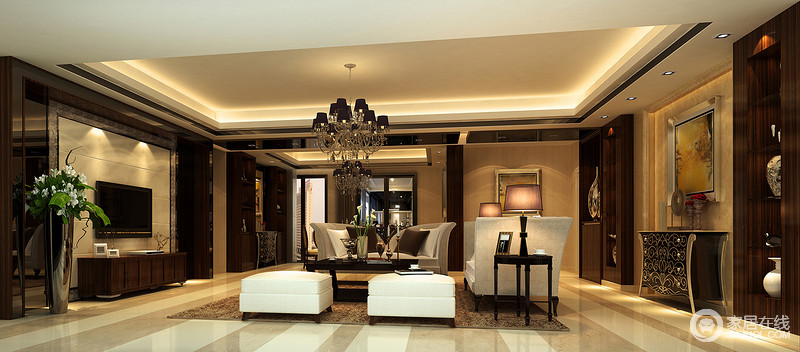 客厅精细的花线，搭配简约经典的家具，质感生活在装饰中被彰显出来。浅色系的布艺与深色系的褐木材质，散发出深沉又轻盈的优雅感。