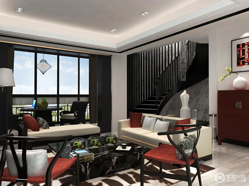 客厅没有繁琐的造型，简洁明快的整体氛围体现着现代感；清爽而又饱满地细节，以黑红色为主，大气精神又兼具文化修养。