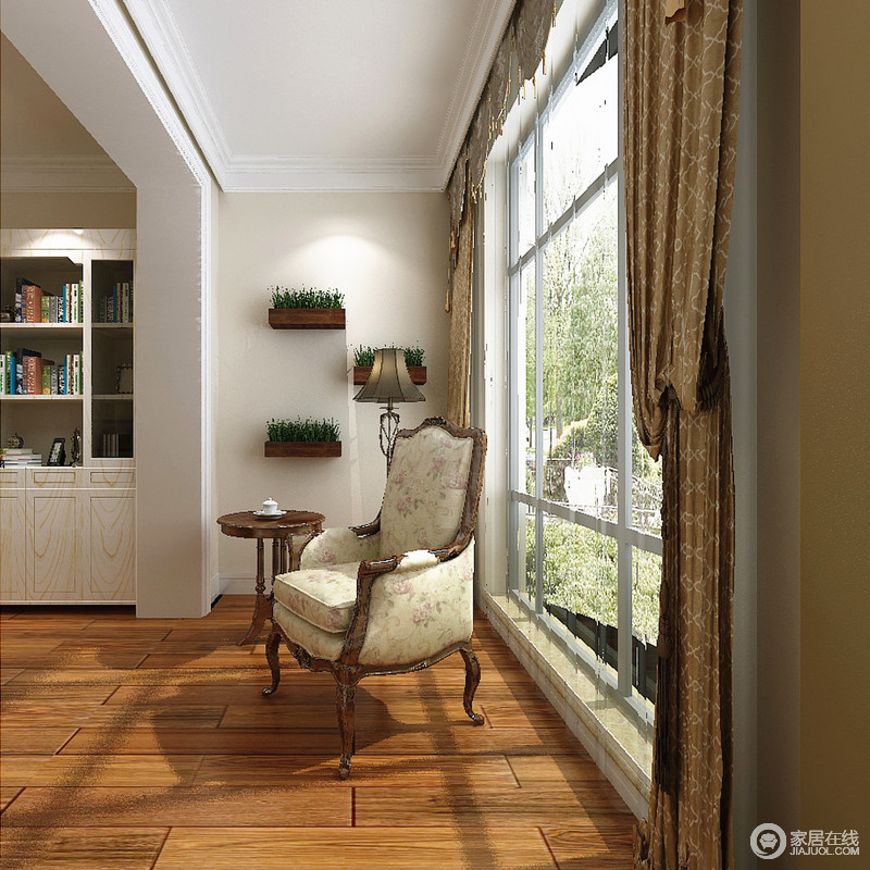 窗户是空间中最有灵性的建构，墙面挂式绿植让空间一墙绿意；美式沙发和边几表达着向往自然的愿景。