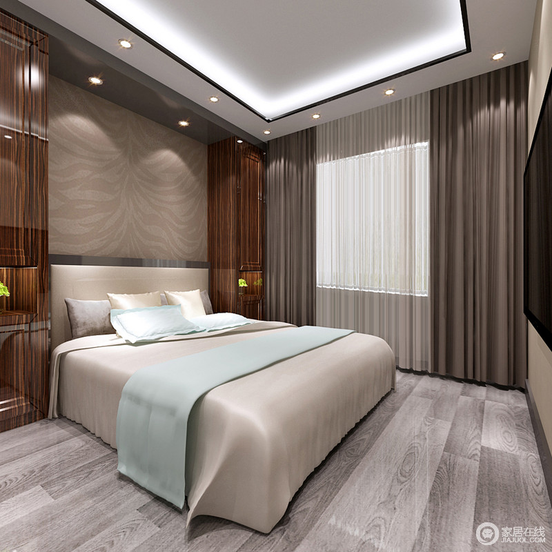 卧室摒弃掉传统床头柜造型，以凸出的实木置物架代替。胡桃木肌理流畅泛着细腻光泽，与中央阔叶壁纸，增添空间的自然质感。银色布艺床品与地板色调相近，一抹水蓝氲出轻盈明快。