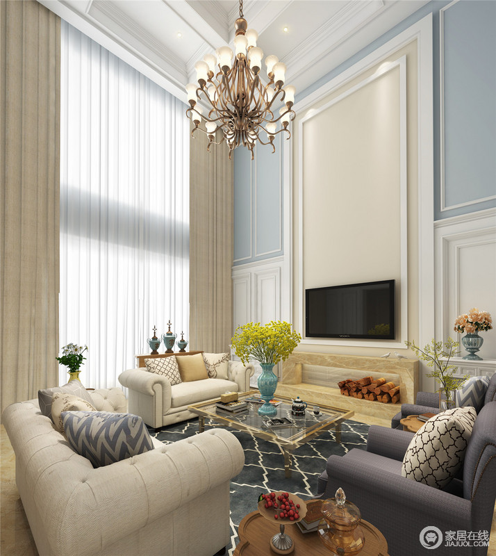 造型的组合沙发，以及茶几都具有上乘的质感，让美式风格得以进一步的彰显。