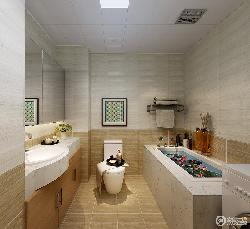 设计师注重不同空间的连贯，所以在卫浴间也不例外，双色木纹砖石令空间焕然一新，充满自然朴拙的同时，散发着石材的硬朗感；实用性地设计让生活更有品质，有人让空间柔美雅致，引人入新。