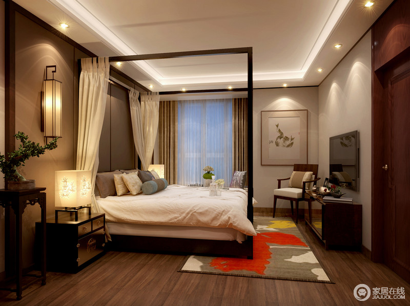 卧室以驼色与粉灰色为空间主色，摒弃主灯，以氲黄壁灯营造出静谧的温和禅韵。实木四柱床增添主人休憩时的私密感，地毯上的拼彩图案，为空间带来现代浪漫色彩。