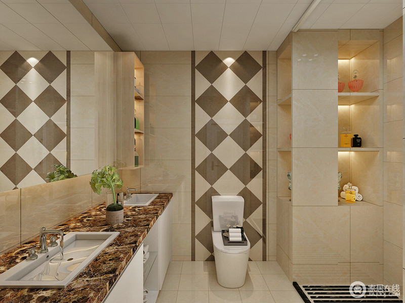 卫生间以米黄色的大理石砖铺陈，在墙面上做了壁龛收纳，增加空间的置物功能。如厕区和双盥洗台台面分别做了不同花色理石处理，用于功能的区分和层次的营造。