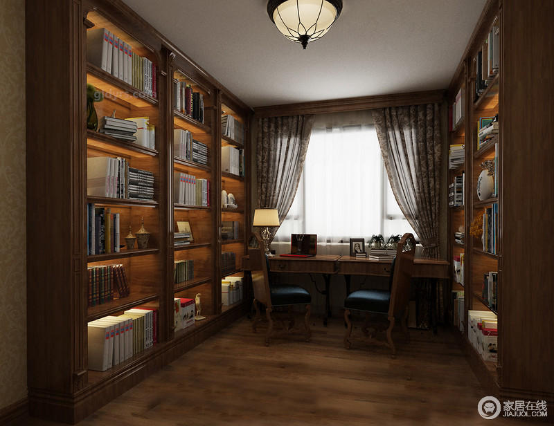 书房与空间的艺术格调相反，以美式胡桃木书柜来增加空间的书香气息，书柜对称摆放在空间，和谐之中，与木色的地板连成一片，给人一种宁静致远的感觉；美式桌椅搭配使得空间多了复古感，让人愿意沉下心来，好好读书。
