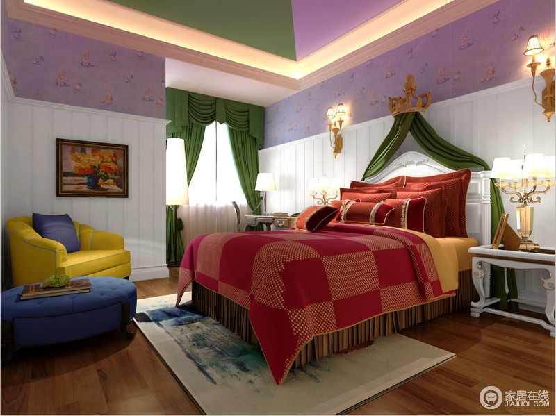 卧室看似有赤、橙、黄、白、绿、蓝、紫等各种色调，却丝毫不显凌乱，反而以有序的方式呈现出空间的现代典雅。床幔顶部采用皇冠造型，彰显出华丽贵族气质。