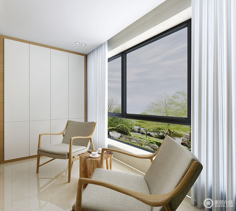 卧室以白色为主，但是设计师为了改变过于平淡的设计，将绿白色块壁纸张贴在空间，多了份活泼和清新；白色悬挂架与整体家具统一，却简单而实用，黄色单椅让你看到明朗。